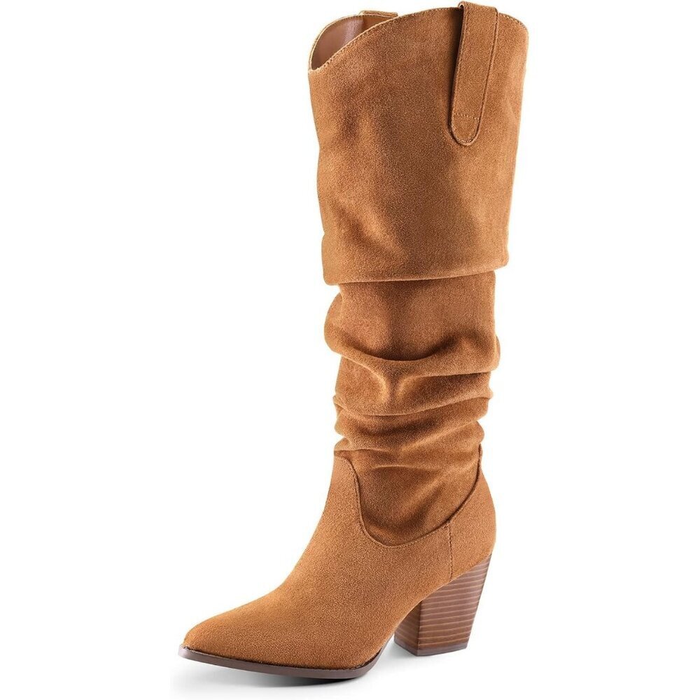 Women's Camel mysoft Cowboy Knee-High Boots Pointed Toe Mid Heel Pull On Slouchy